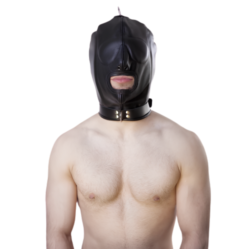 Leather Bondage Hood | Full-Head Cover with Integrated Collar & D-Rings