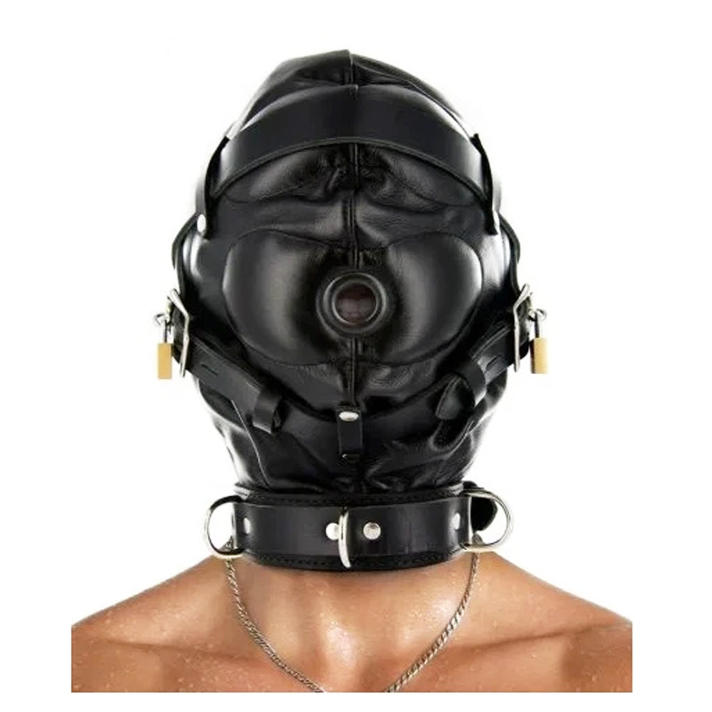 Leather Bondage Hood – Padlock Security, Lace-Up Front & Lockable Collar