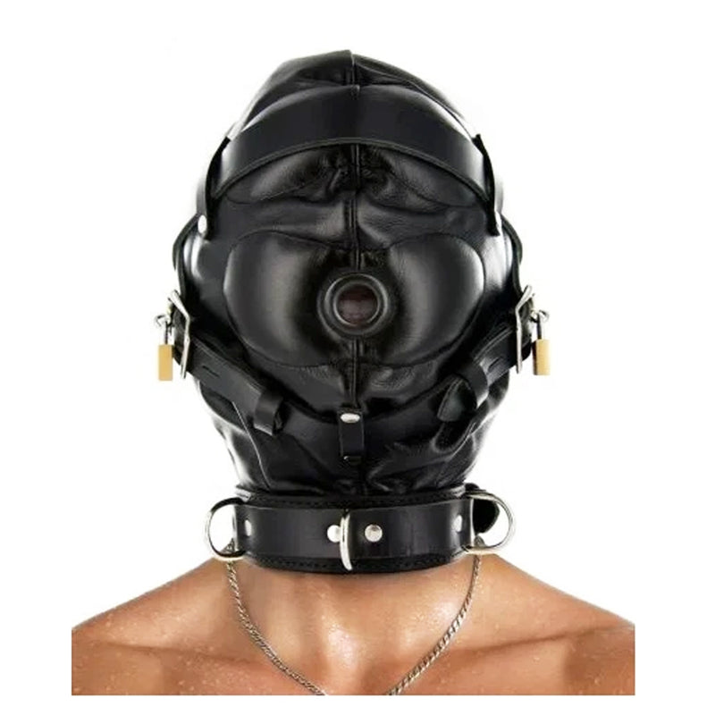 Leather Bondage Hood – Padlock Security, Lace-Up Front & Lockable Collar