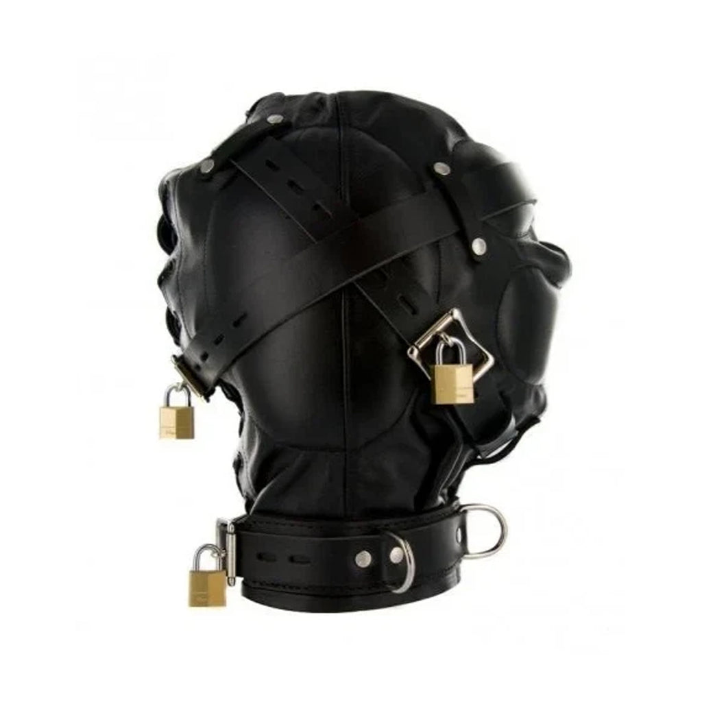 Leather Bondage Hood – Padlock Security, Lace-Up Front & Lockable Collar