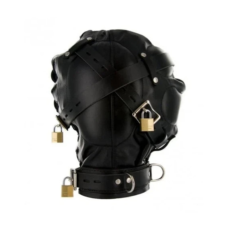 Leather Bondage Hood – Padlock Security, Lace-Up Front & Lockable Collar