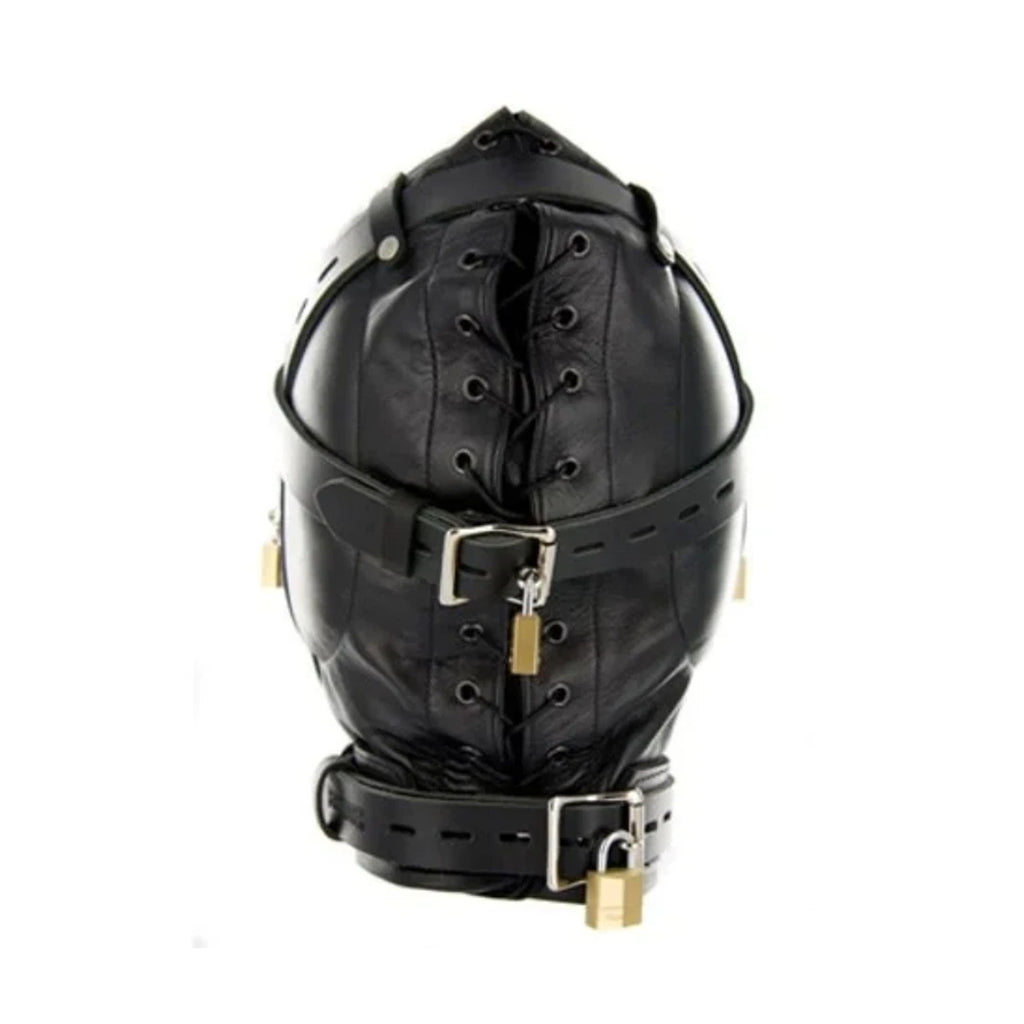 Leather Bondage Hood – Padlock Security, Lace-Up Front & Lockable Collar
