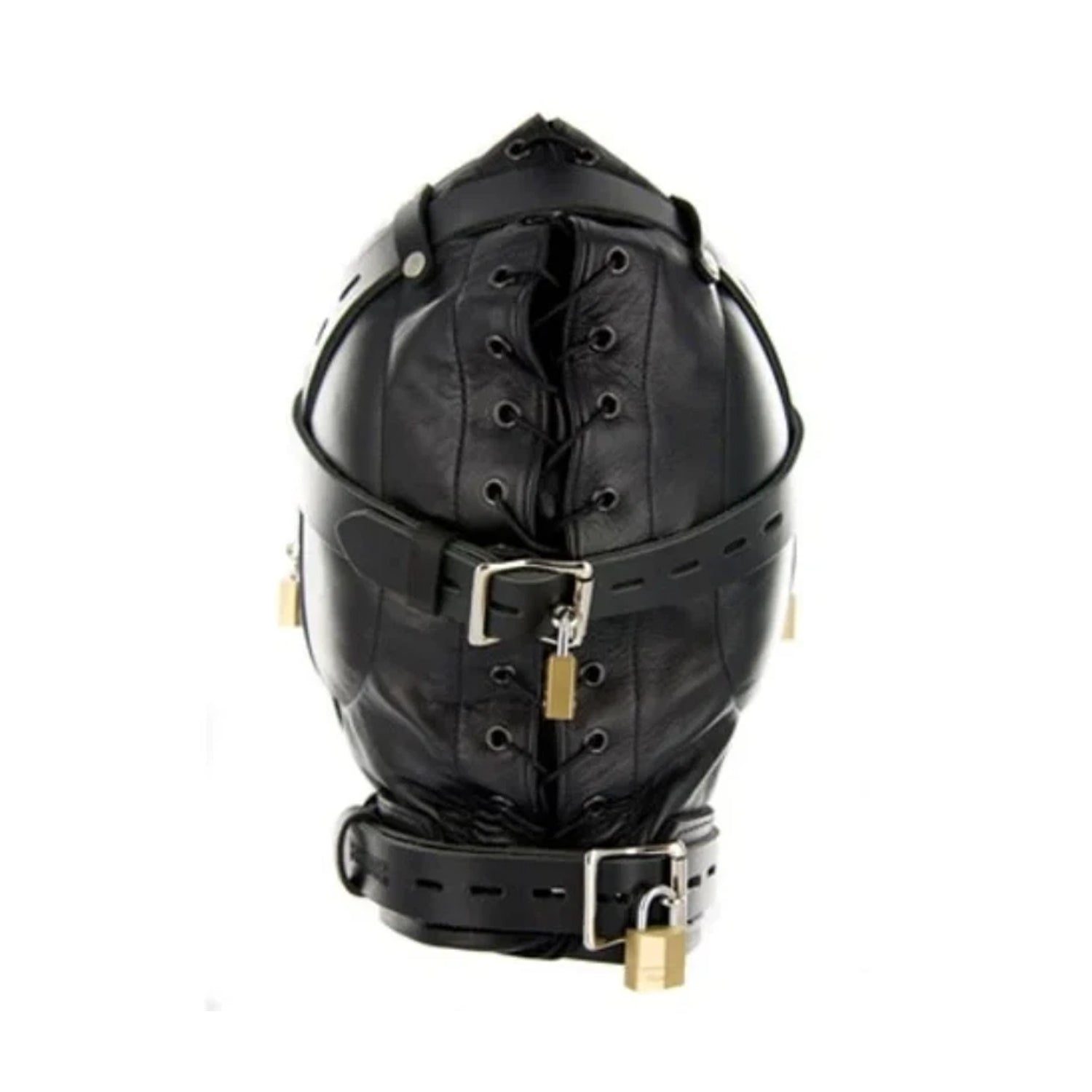 Leather Bondage Hood – Padlock Security, Lace-Up Front & Lockable Collar