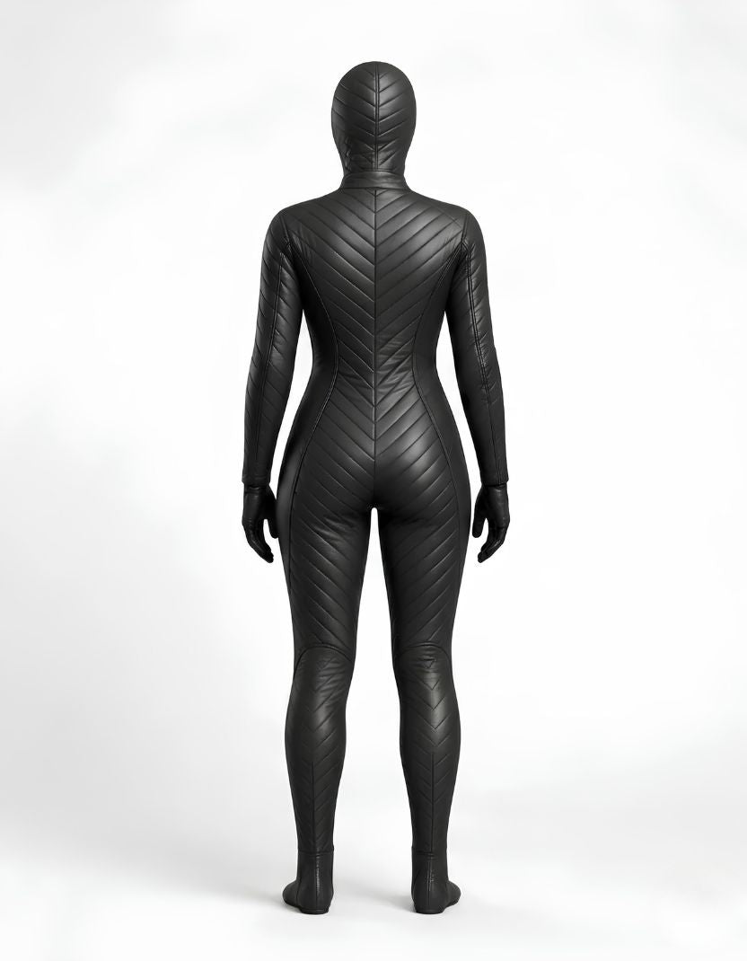 Black Quilted Hooded Catsuit | Futuristic Leather Look Bodysuit