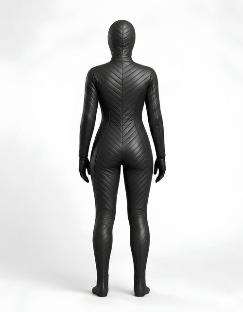 Black Quilted Hooded Catsuit | Futuristic Leather Look Bodysuit