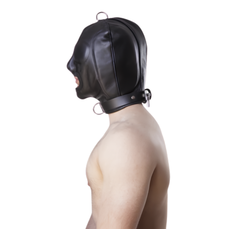 Leather Bondage Hood | Full-Head Cover with Integrated Collar & D-Rings