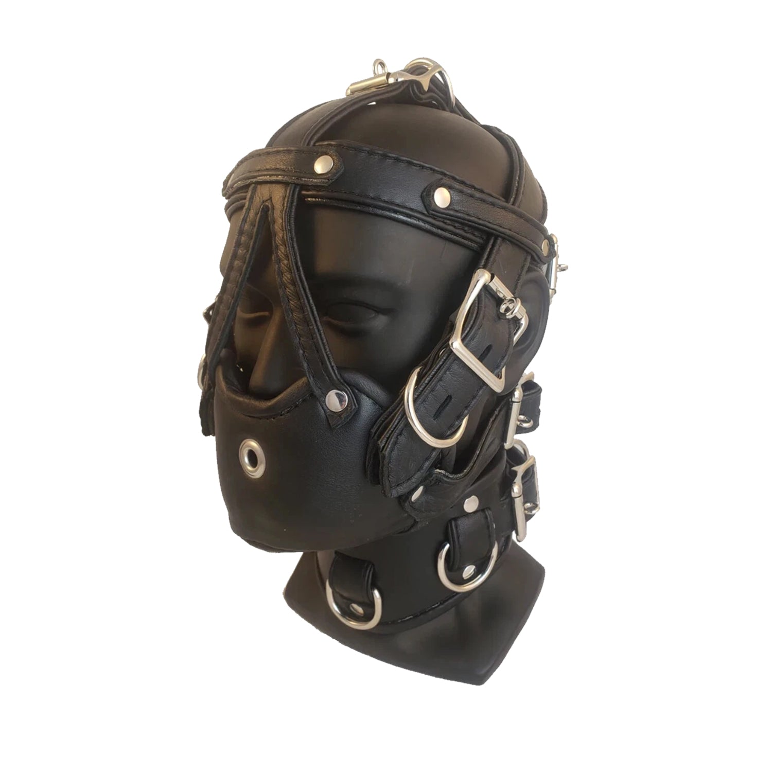 Leather Bondage Head Harness – Suspension Hook, Muzzle & Multi D-Ring