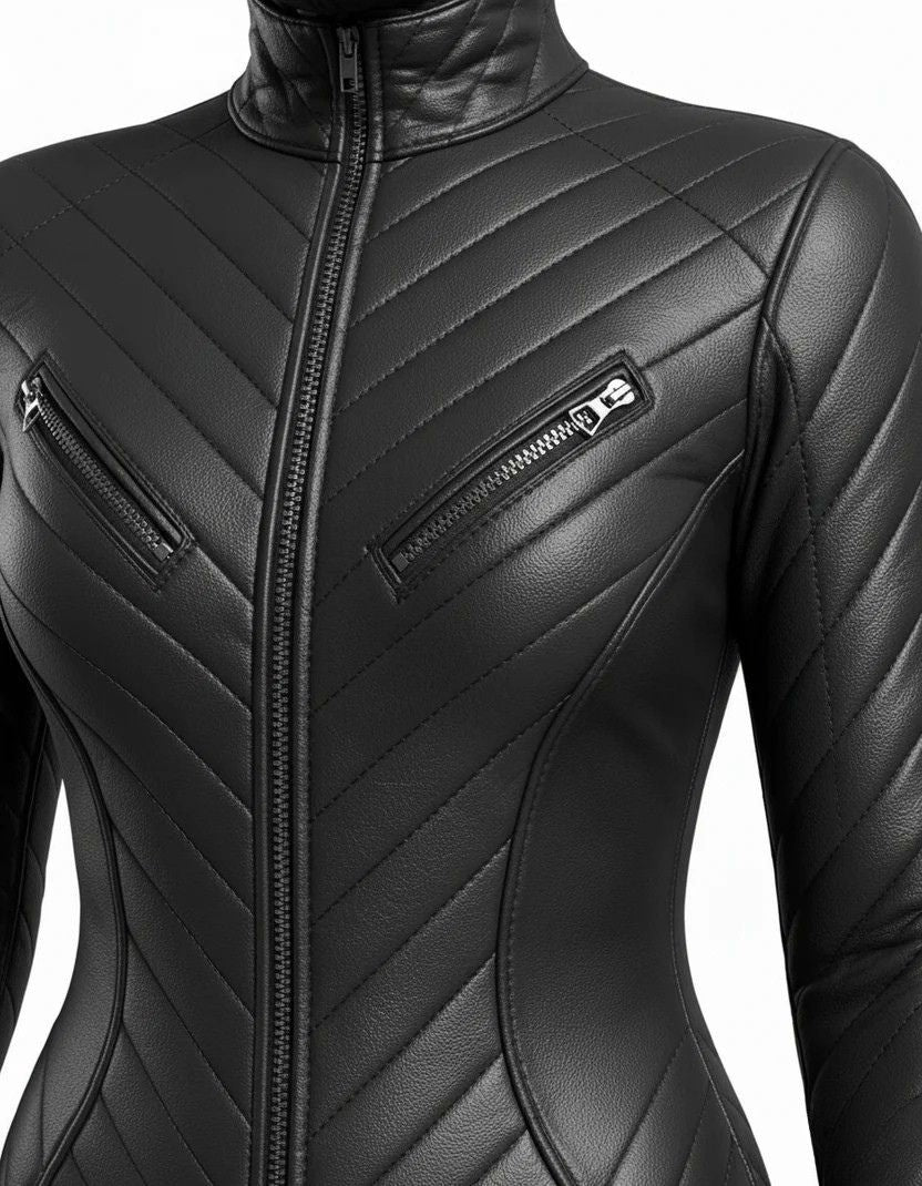 Black Quilted Hooded Catsuit | Futuristic Leather Look Bodysuit