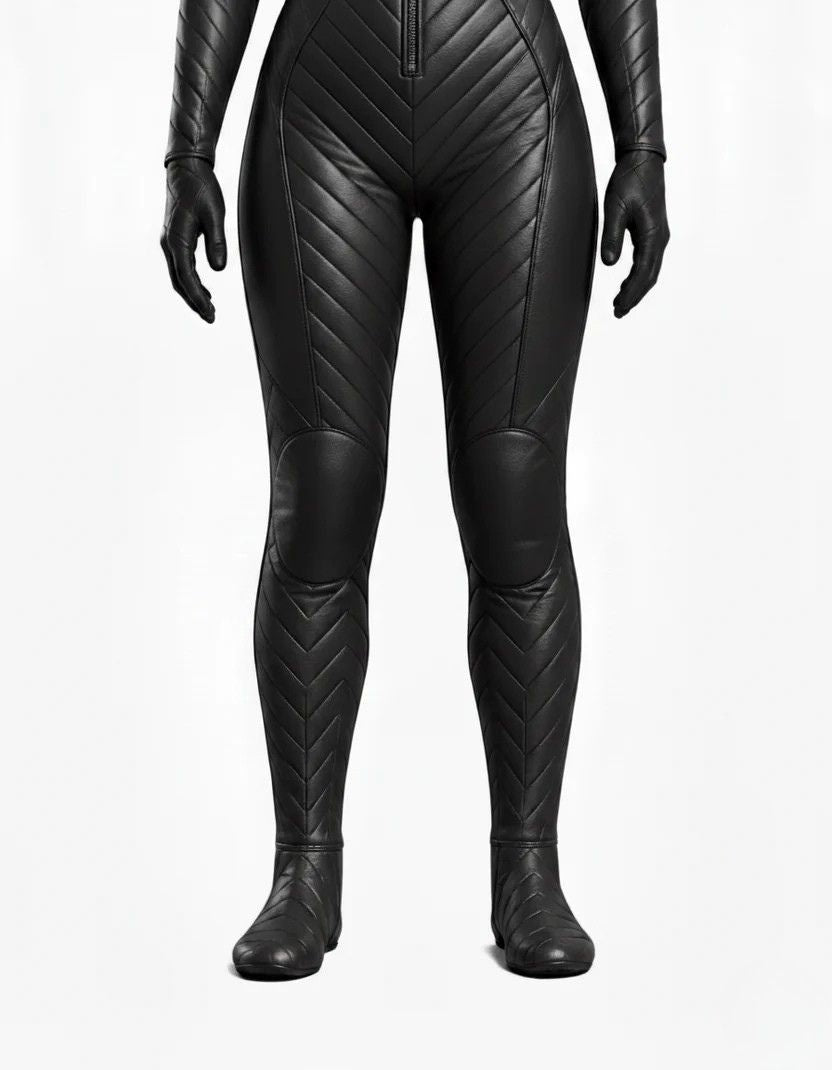 Black Quilted Hooded Catsuit | Futuristic Leather Look Bodysuit