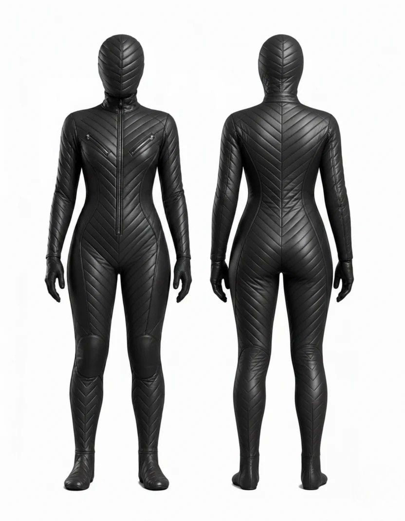 Black Quilted Hooded Catsuit | Futuristic Leather Look Bodysuit