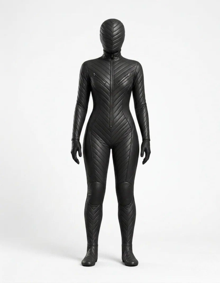 Black Quilted Hooded Catsuit | Futuristic Leather Look Bodysuit