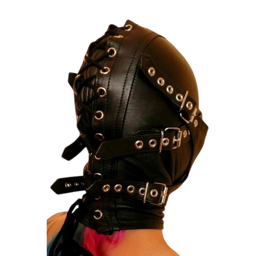 Leather Bondage Hood – Lace-Up & Buckle Strap Closure